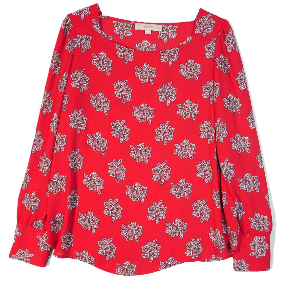 Loft Women Size M Red Floral Lightweight Long Sleeve Top Blouse